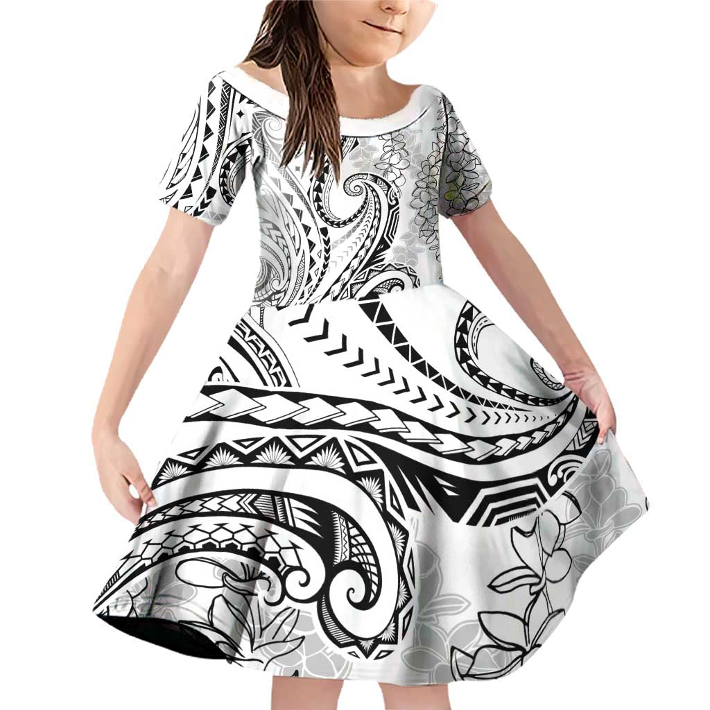 Polynesia Plumeria Lei Family Matching Off Shoulder Short Dress and Hawaiian Shirt White Curves Motif