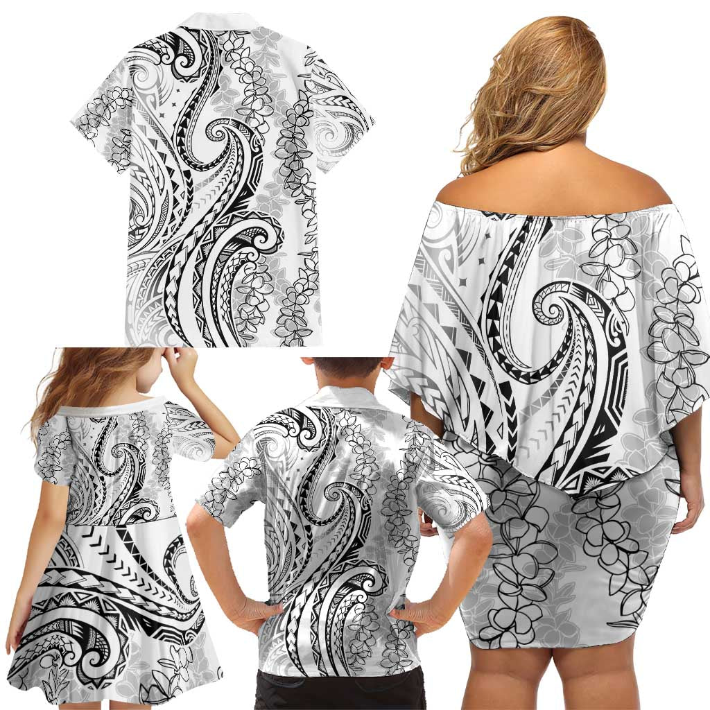 Polynesia Plumeria Lei Family Matching Off Shoulder Short Dress and Hawaiian Shirt White Curves Motif