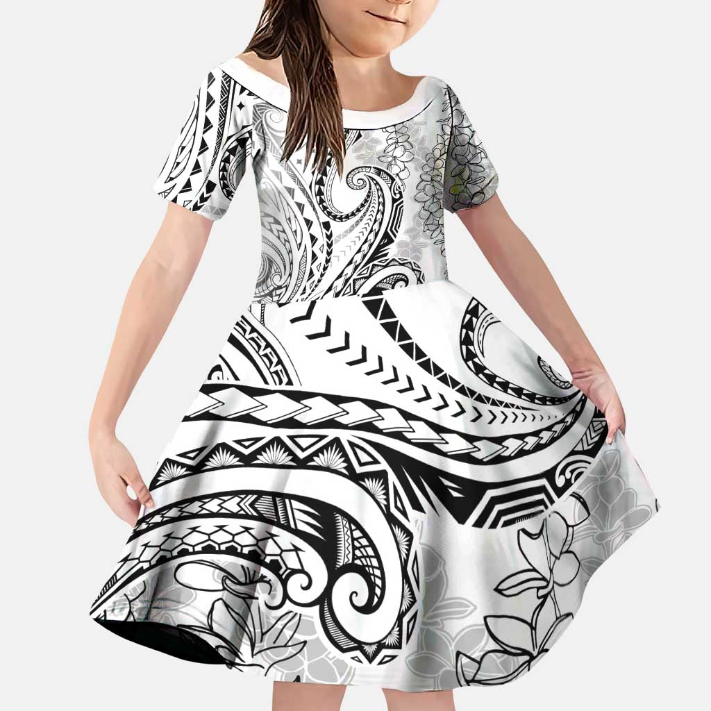 Polynesia Plumeria Lei Family Matching Puletasi and Hawaiian Shirt White Curves Motif LT7 Daughter's Dress White - Polynesian Pride