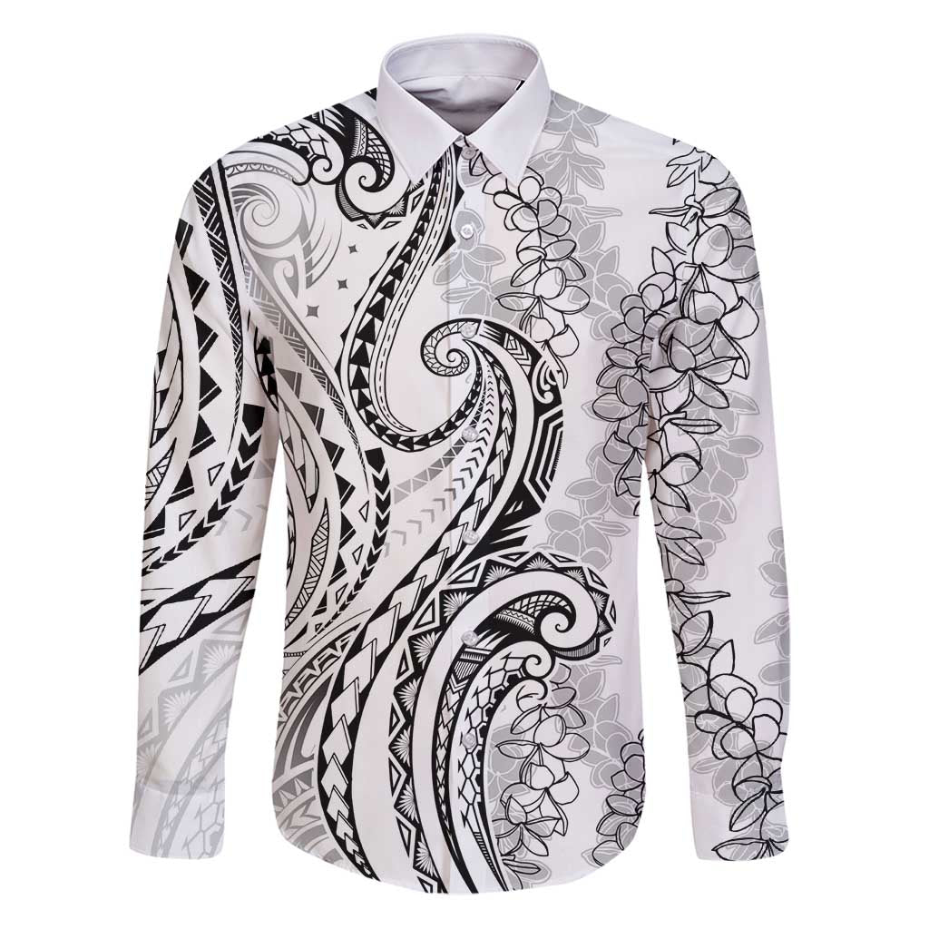 Polynesia Plumeria Lei Family Matching Puletasi and Hawaiian Shirt White Curves Motif LT7 Dad's Shirt - Long Sleeve White - Polynesian Pride