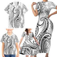 Polynesia Plumeria Lei Family Matching Short Sleeve Bodycon Dress and Hawaiian Shirt White Curves Motif