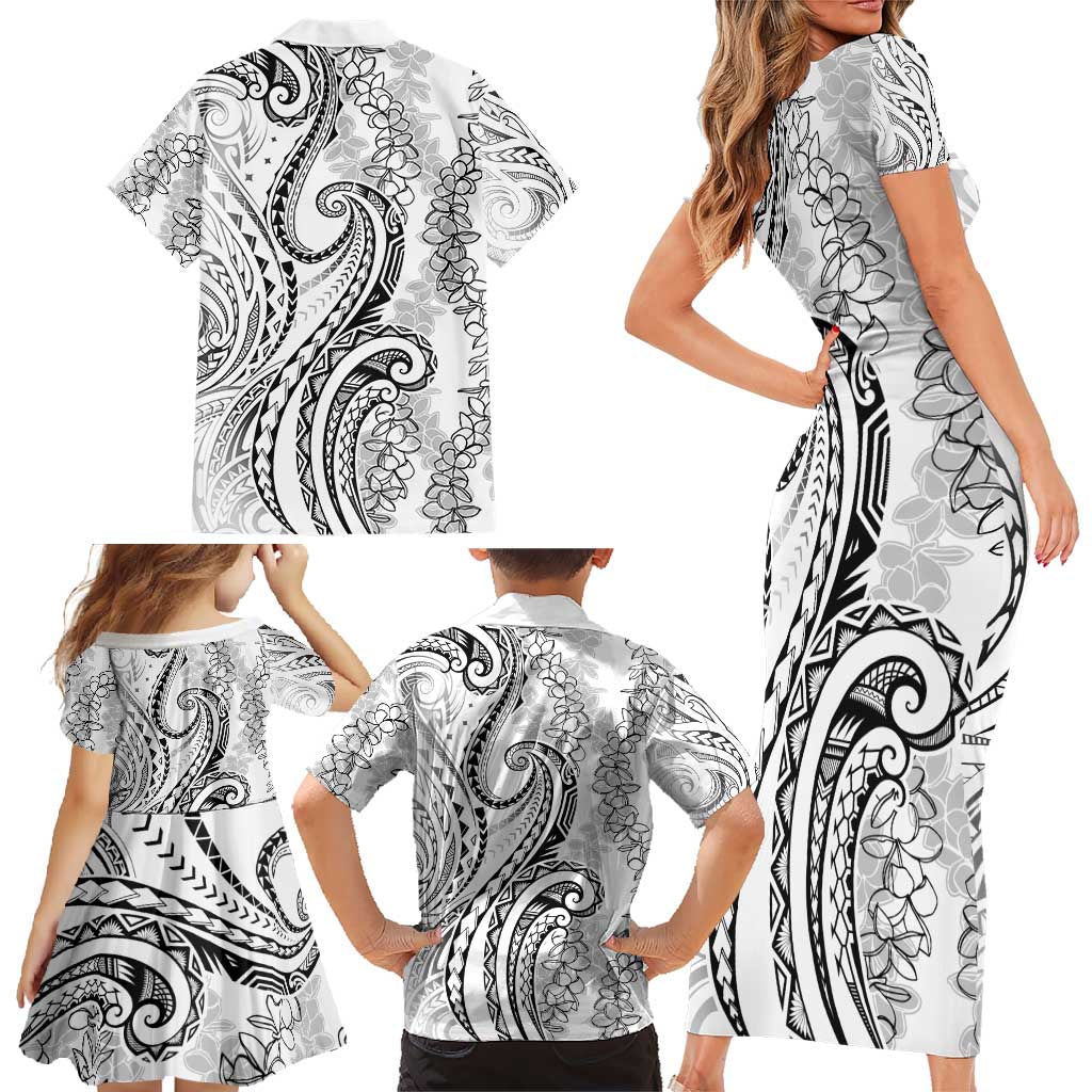Polynesia Plumeria Lei Family Matching Short Sleeve Bodycon Dress and Hawaiian Shirt White Curves Motif
