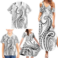 Polynesia Plumeria Lei Family Matching Summer Maxi Dress and Hawaiian Shirt White Curves Motif