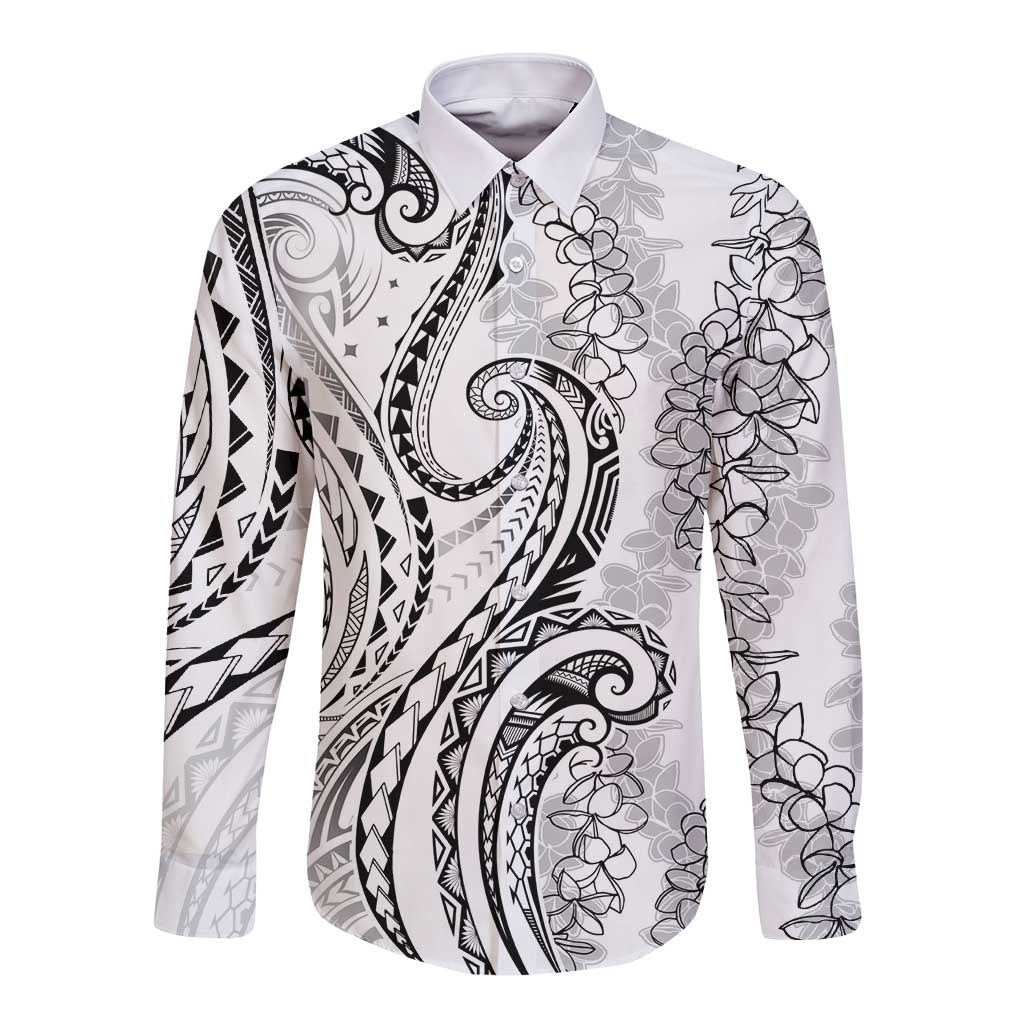 Polynesia Plumeria Lei Long Sleeve Button Shirt White Curves Motif