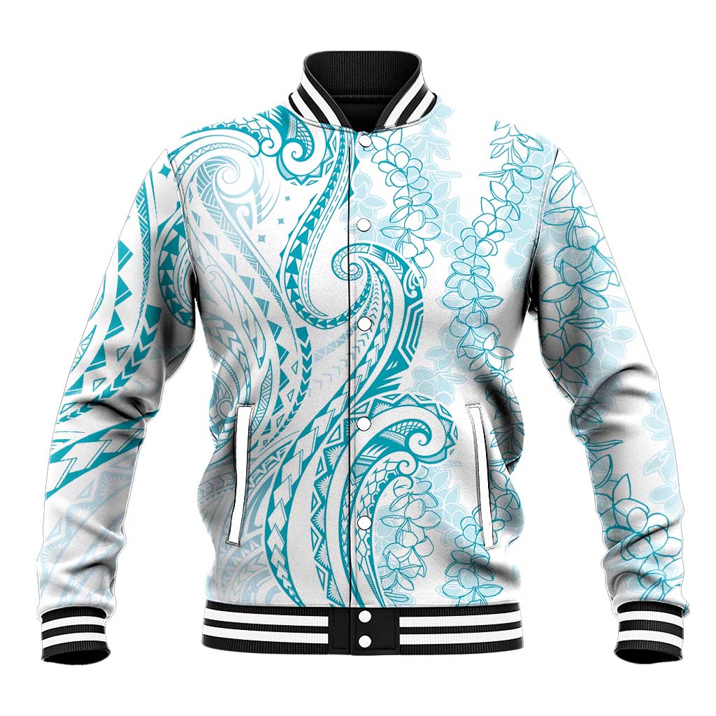 Polynesia Plumeria Lei Baseball Jacket White Turquoise Curves Motif