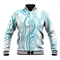 Polynesia Plumeria Lei Baseball Jacket White Turquoise Curves Motif