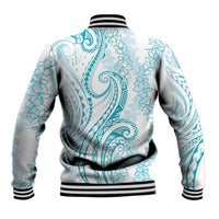 Polynesia Plumeria Lei Baseball Jacket White Turquoise Curves Motif