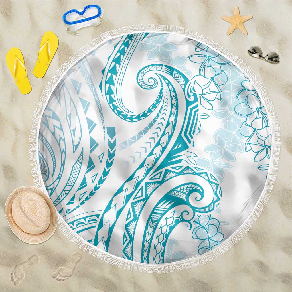 Polynesia Plumeria Lei Beach Blanket White Turquoise Curves Motif