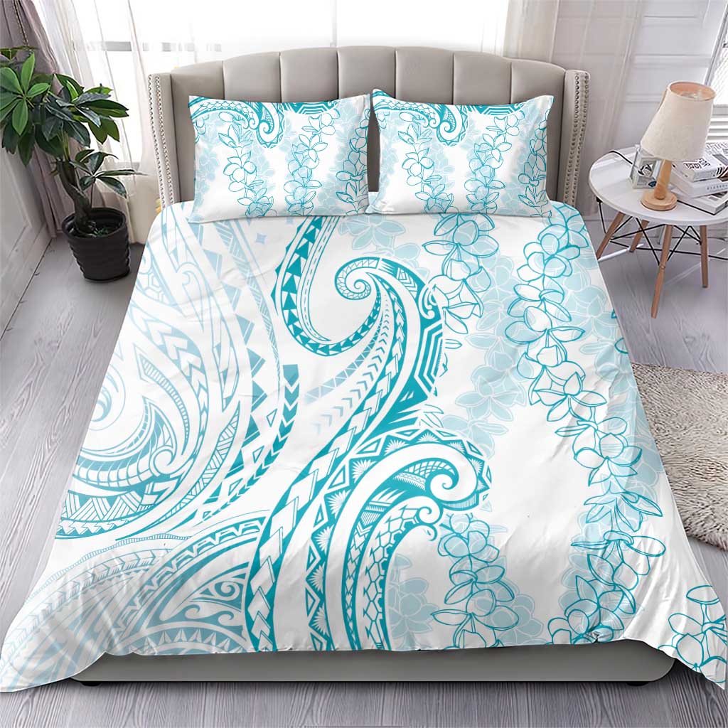 Polynesia Plumeria Lei Bedding Set White Turquoise Curves Motif
