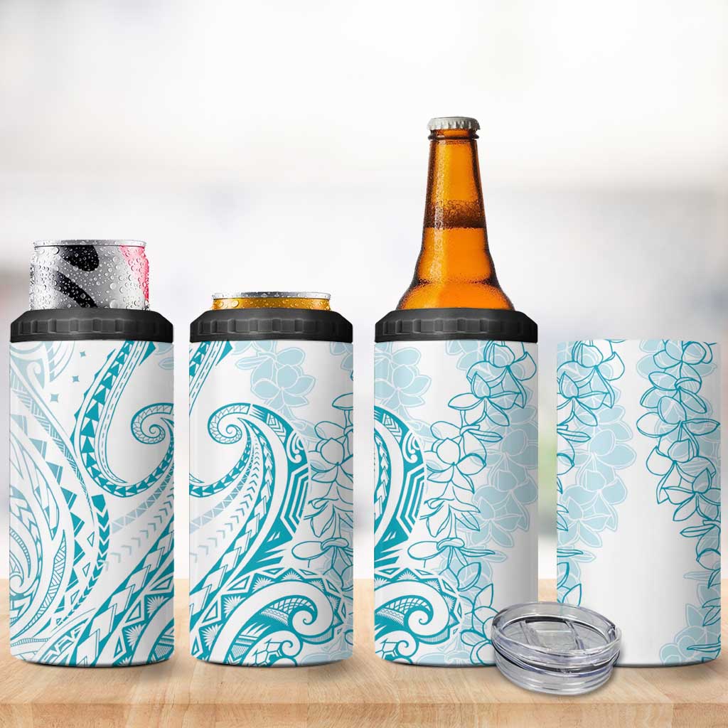 Polynesia Plumeria Lei 4 in 1 Can Cooler Tumbler White Turquoise Curves Motif LT7 - Polynesian Pride