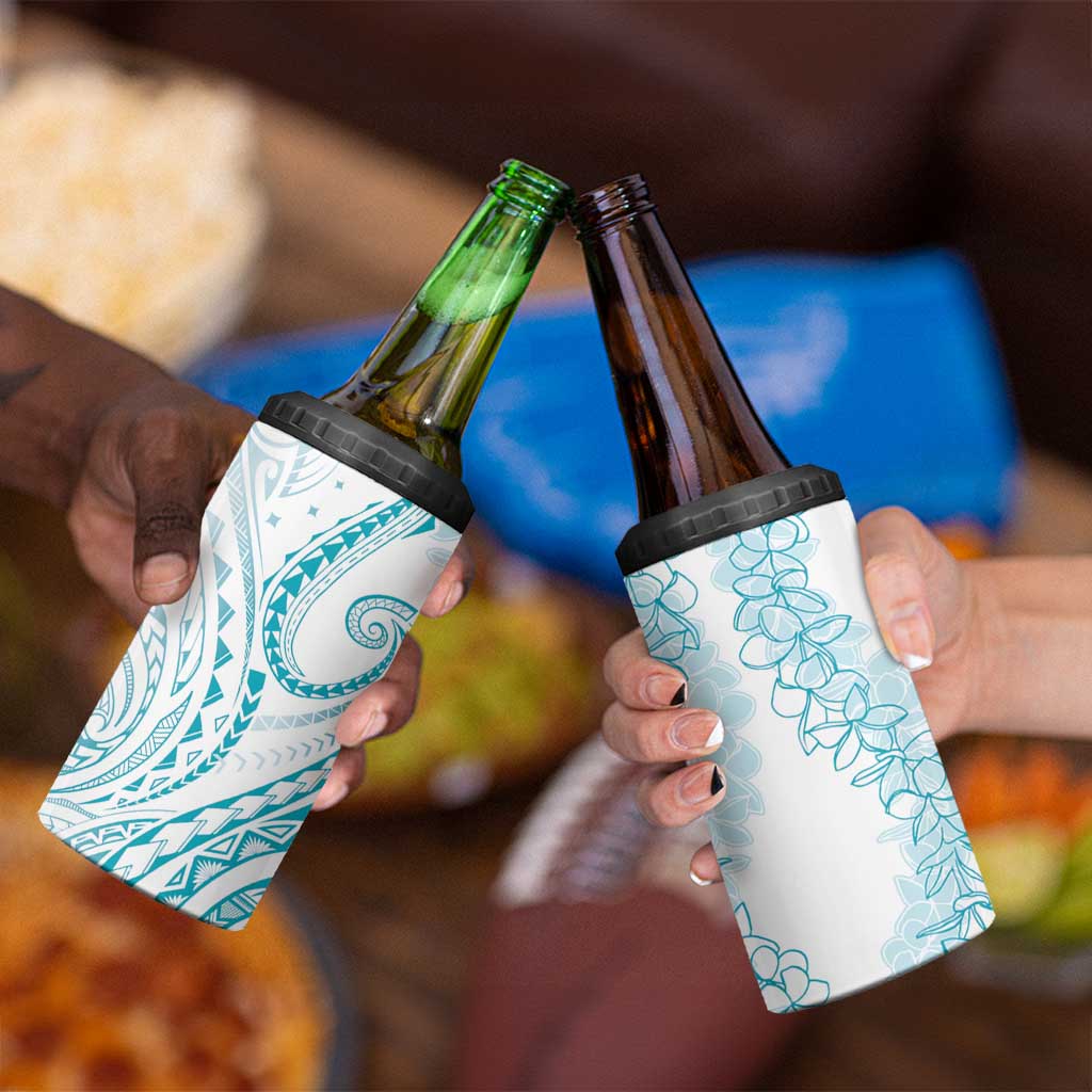 Polynesia Plumeria Lei 4 in 1 Can Cooler Tumbler White Turquoise Curves Motif LT7 - Polynesian Pride