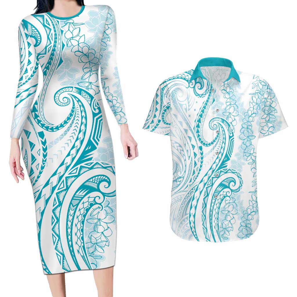 Polynesia Plumeria Lei Couples Matching Long Sleeve Bodycon Dress and Hawaiian Shirt White Turquoise Curves Motif