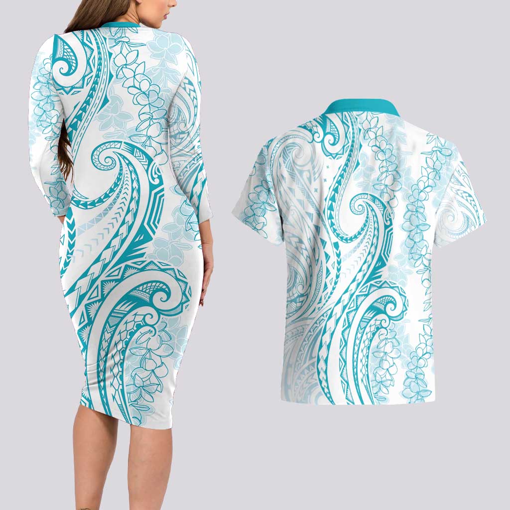 Polynesia Plumeria Lei Couples Matching Long Sleeve Bodycon Dress and Hawaiian Shirt White Turquoise Curves Motif