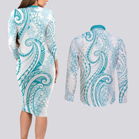Polynesia Plumeria Lei Couples Matching Long Sleeve Bodycon Dress and Long Sleeve Button Shirt White Turquoise Curves Motif LT7 - Polynesian Pride