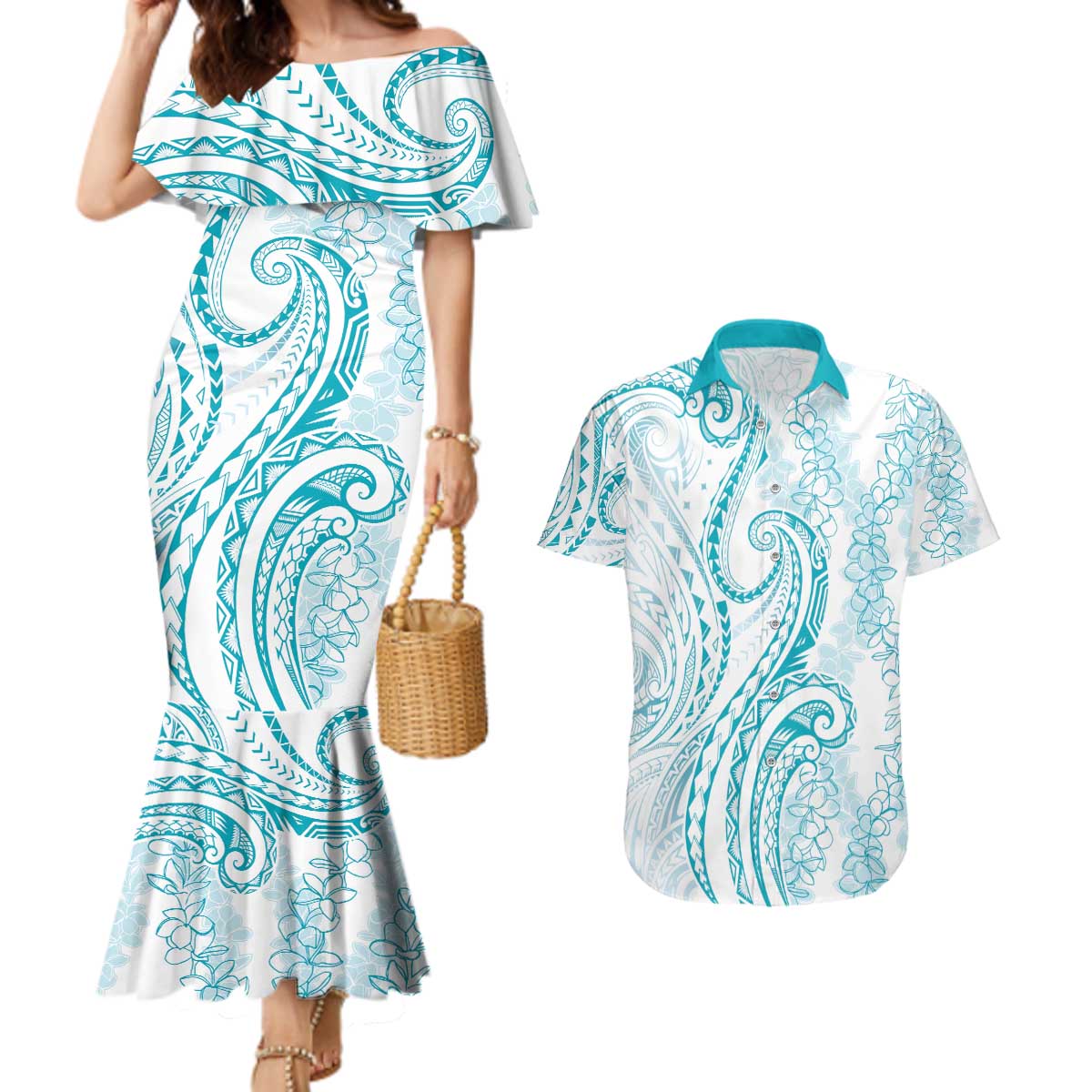 Polynesia Plumeria Lei Couples Matching Mermaid Dress and Hawaiian Shirt White Turquoise Curves Motif