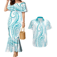 Polynesia Plumeria Lei Couples Matching Mermaid Dress and Hawaiian Shirt White Turquoise Curves Motif