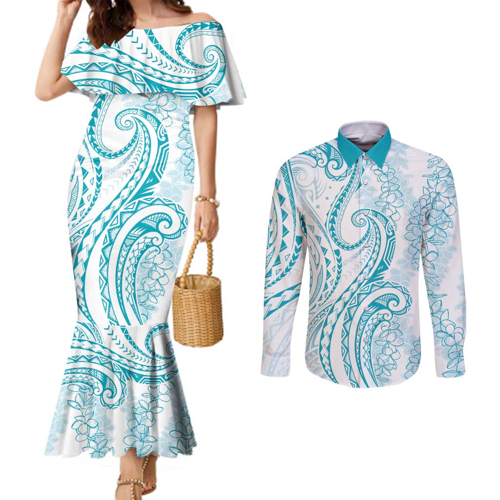 Polynesia Plumeria Lei Couples Matching Mermaid Dress and Long Sleeve Button Shirt White Turquoise Curves Motif