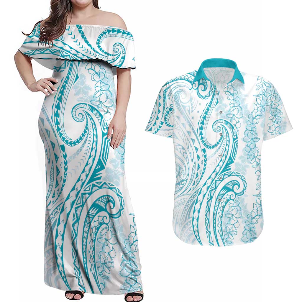 Polynesia Plumeria Lei Couples Matching Off Shoulder Maxi Dress and Hawaiian Shirt White Turquoise Curves Motif