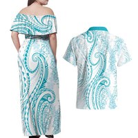 Polynesia Plumeria Lei Couples Matching Off Shoulder Maxi Dress and Hawaiian Shirt White Turquoise Curves Motif