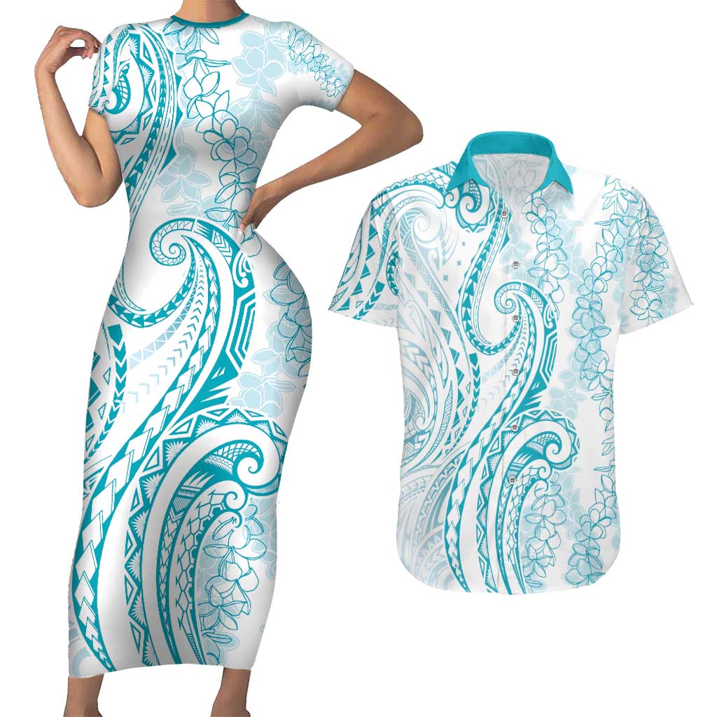 Polynesia Plumeria Lei Couples Matching Short Sleeve Bodycon Dress and Hawaiian Shirt White Turquoise Curves Motif