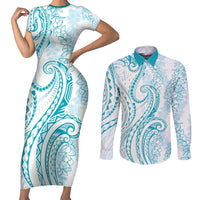 Polynesia Plumeria Lei Couples Matching Short Sleeve Bodycon Dress and Long Sleeve Button Shirt White Turquoise Curves Motif LT7 Turquoise - Polynesian Pride