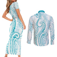 Polynesia Plumeria Lei Couples Matching Short Sleeve Bodycon Dress and Long Sleeve Button Shirt White Turquoise Curves Motif LT7 - Polynesian Pride