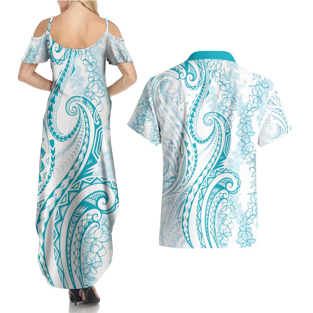 Polynesia Plumeria Lei Couples Matching Summer Maxi Dress and Hawaiian Shirt White Turquoise Curves Motif