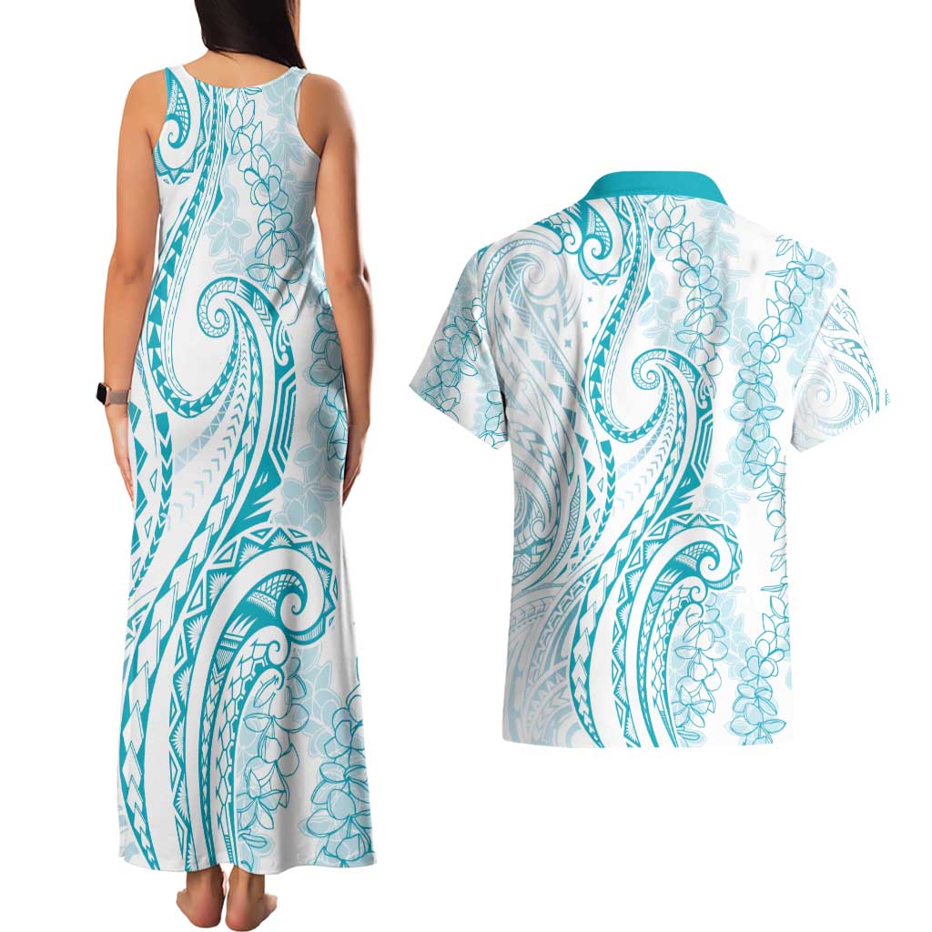 Polynesia Plumeria Lei Couples Matching Tank Maxi Dress and Hawaiian Shirt White Turquoise Curves Motif