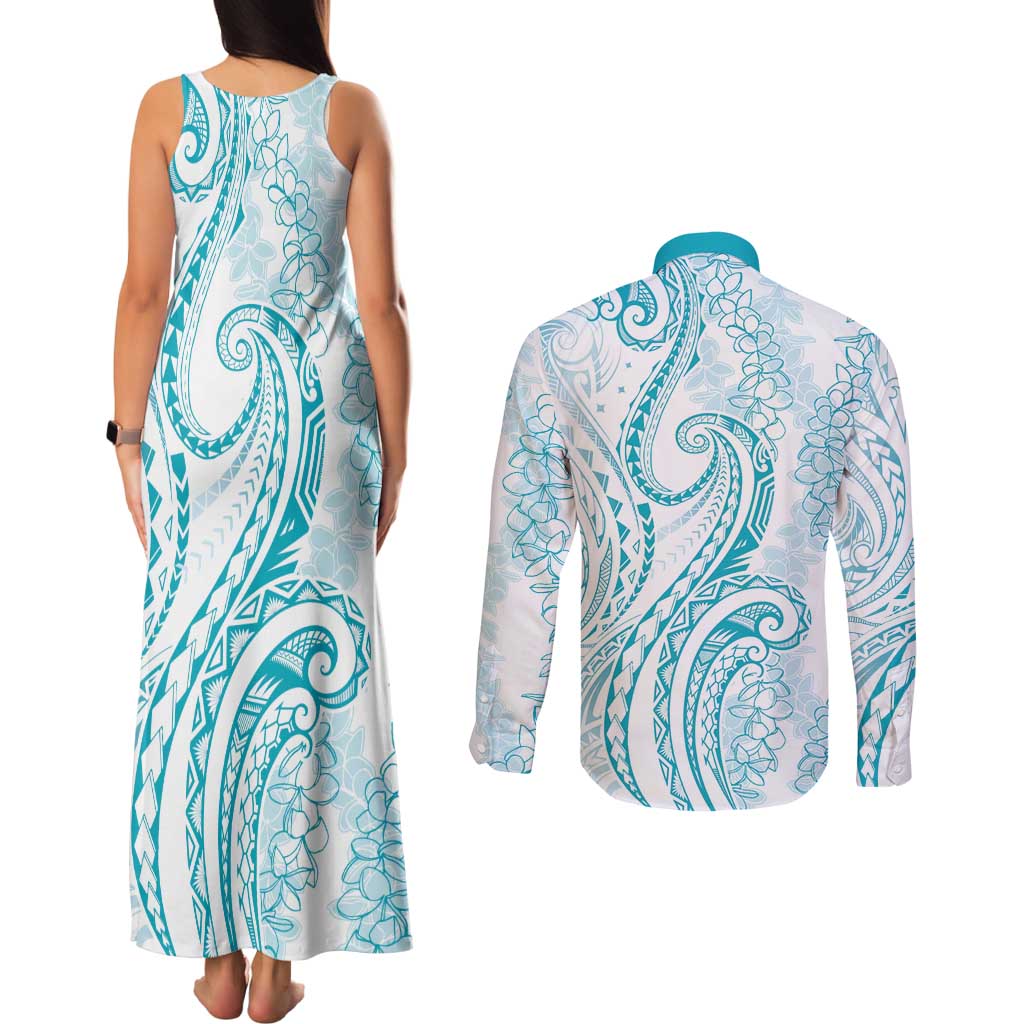 Polynesia Plumeria Lei Couples Matching Tank Maxi Dress and Long Sleeve Button Shirt White Turquoise Curves Motif LT7 - Polynesian Pride
