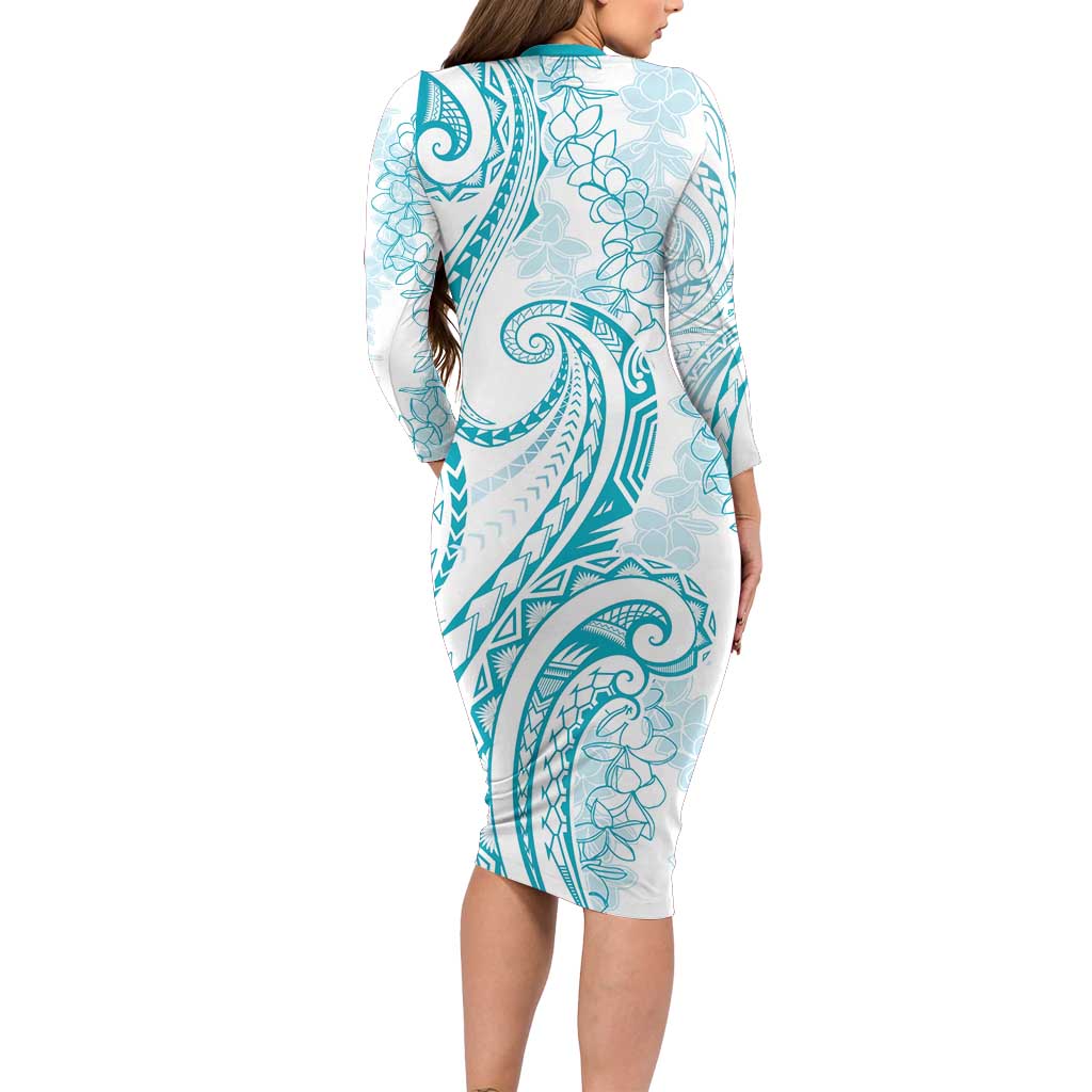 Polynesia Plumeria Lei Family Matching Long Sleeve Bodycon Dress and Hawaiian Shirt White Turquoise Curves Motif