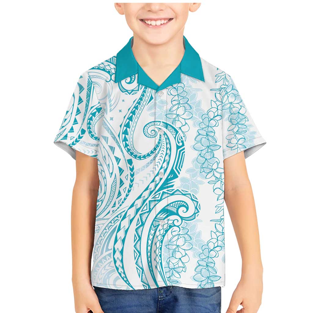 Polynesia Plumeria Lei Family Matching Mermaid Dress and Hawaiian Shirt White Turquoise Curves Motif