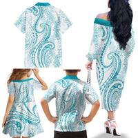 Polynesia Plumeria Lei Family Matching Off The Shoulder Long Sleeve Dress and Hawaiian Shirt White Turquoise Curves Motif