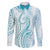Polynesia Plumeria Lei Family Matching Off The Shoulder Long Sleeve Dress and Hawaiian Shirt White Turquoise Curves Motif