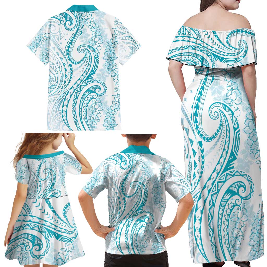 Polynesia Plumeria Lei Family Matching Off Shoulder Maxi Dress and Hawaiian Shirt White Turquoise Curves Motif