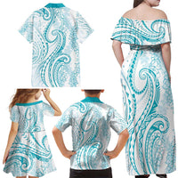 Polynesia Plumeria Lei Family Matching Off Shoulder Maxi Dress and Hawaiian Shirt White Turquoise Curves Motif