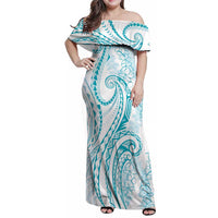 Polynesia Plumeria Lei Family Matching Off Shoulder Maxi Dress and Hawaiian Shirt White Turquoise Curves Motif