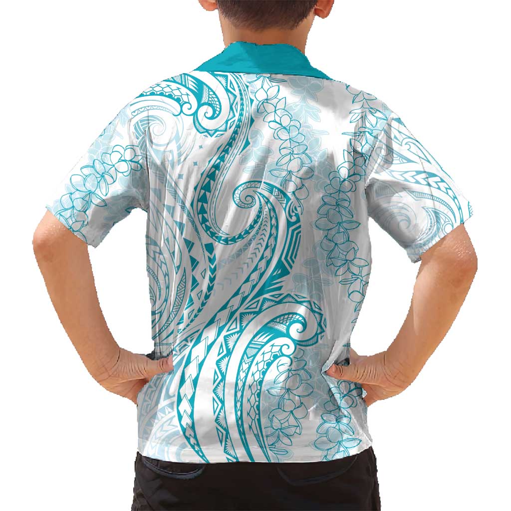 Polynesia Plumeria Lei Family Matching Puletasi and Hawaiian Shirt White Turquoise Curves Motif LT7 - Polynesian Pride