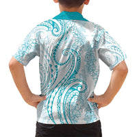 Polynesia Plumeria Lei Family Matching Puletasi and Hawaiian Shirt White Turquoise Curves Motif LT7 - Polynesian Pride