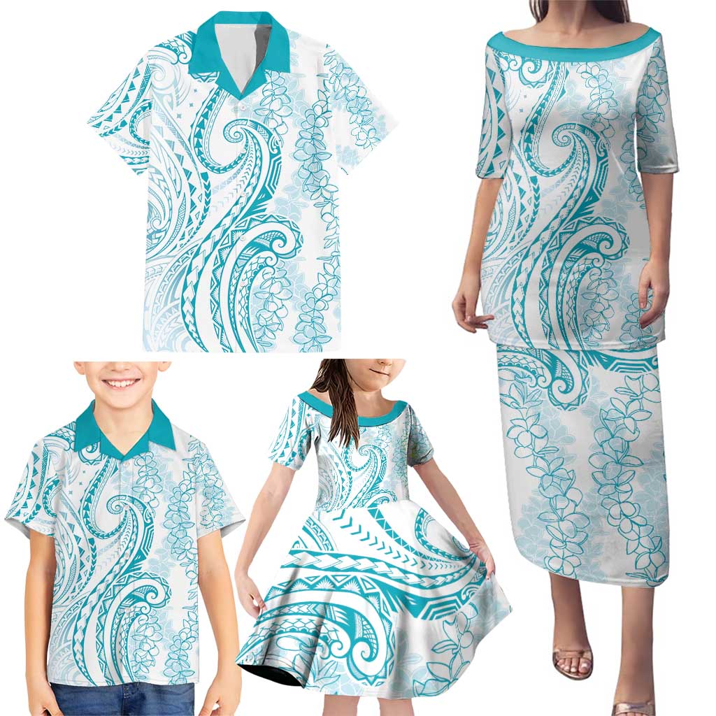 Polynesia Plumeria Lei Family Matching Puletasi and Hawaiian Shirt White Turquoise Curves Motif LT7 - Polynesian Pride