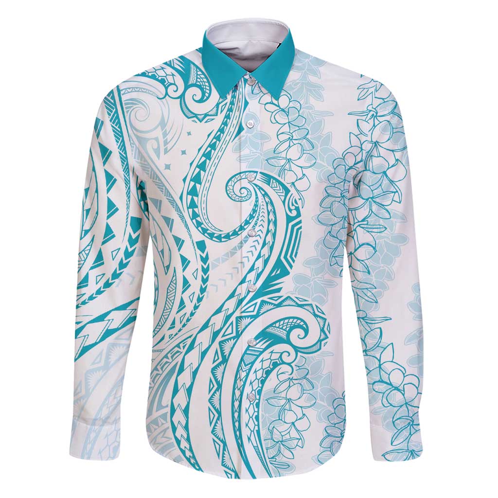 Polynesia Plumeria Lei Family Matching Puletasi and Hawaiian Shirt White Turquoise Curves Motif LT7 Dad's Shirt - Long Sleeve Turquoise - Polynesian Pride