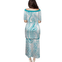 Polynesia Plumeria Lei Family Matching Puletasi and Hawaiian Shirt White Turquoise Curves Motif LT7 - Polynesian Pride