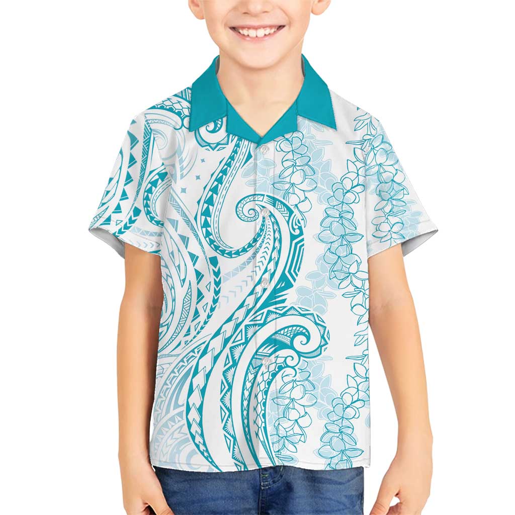 Polynesia Plumeria Lei Family Matching Puletasi and Hawaiian Shirt White Turquoise Curves Motif LT7 Son's Shirt Turquoise - Polynesian Pride