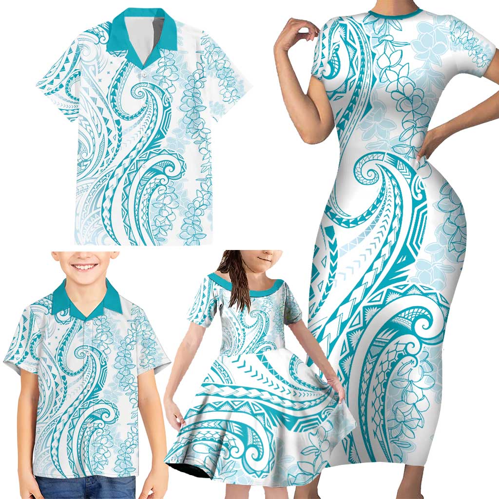 Polynesia Plumeria Lei Family Matching Short Sleeve Bodycon Dress and Hawaiian Shirt White Turquoise Curves Motif