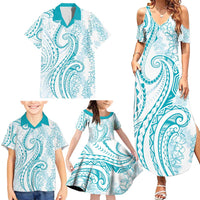 Polynesia Plumeria Lei Family Matching Summer Maxi Dress and Hawaiian Shirt White Turquoise Curves Motif
