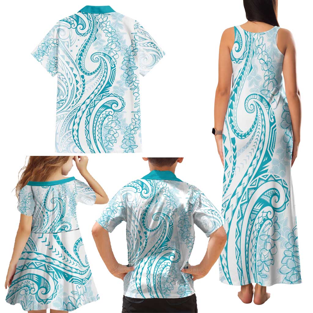 Polynesia Plumeria Lei Family Matching Tank Maxi Dress and Hawaiian Shirt White Turquoise Curves Motif