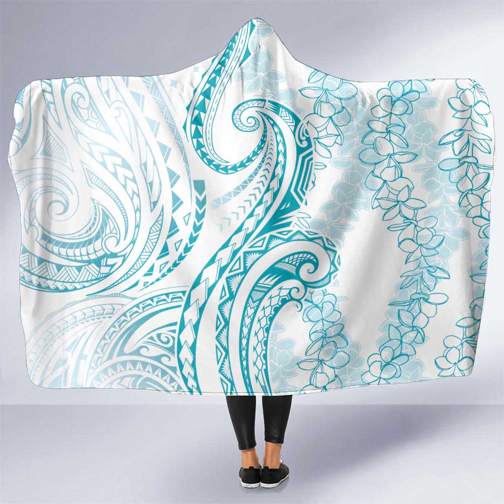 Polynesia Plumeria Lei Hooded Blanket White Turquoise Curves Motif