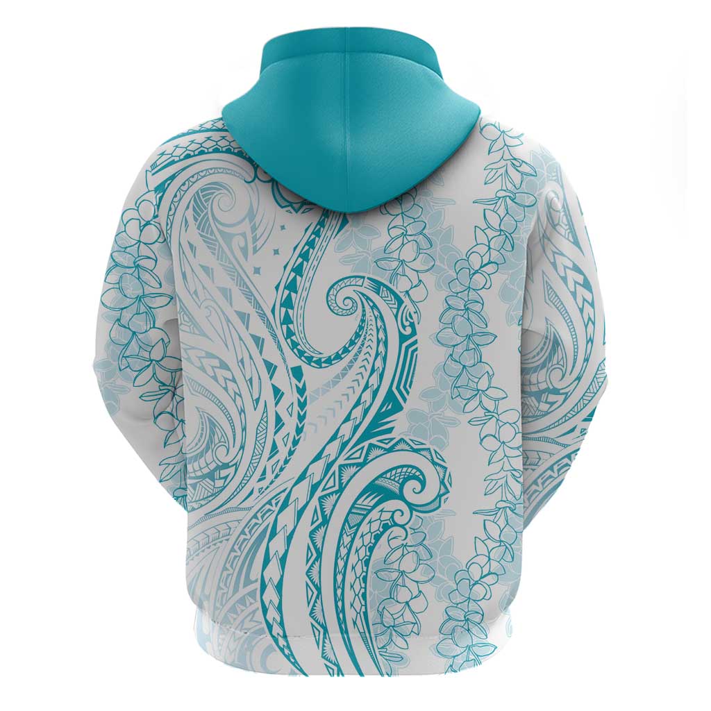 Polynesia Plumeria Lei Hoodie White Turquoise Curves Motif