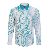 Polynesia Plumeria Lei Long Sleeve Button Shirt White Turquoise Curves Motif