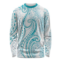 Polynesia Plumeria Lei Long Sleeve Shirt White Turquoise Curves Motif