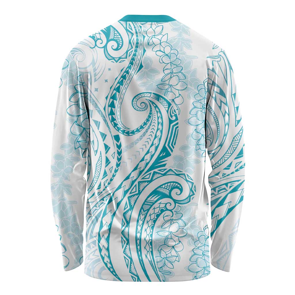 Polynesia Plumeria Lei Long Sleeve Shirt White Turquoise Curves Motif